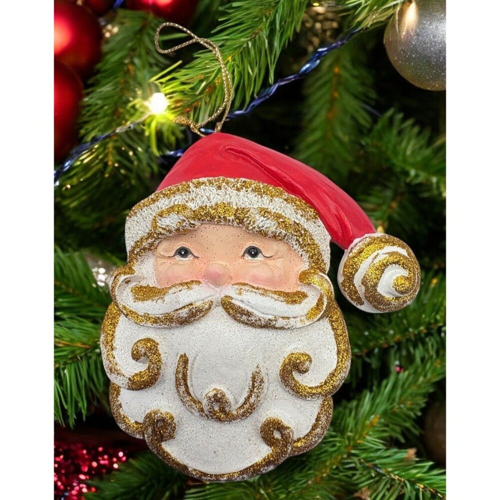 Santa Claus Face Christmas Tree Ornament with Glitter Accents & Red Hat